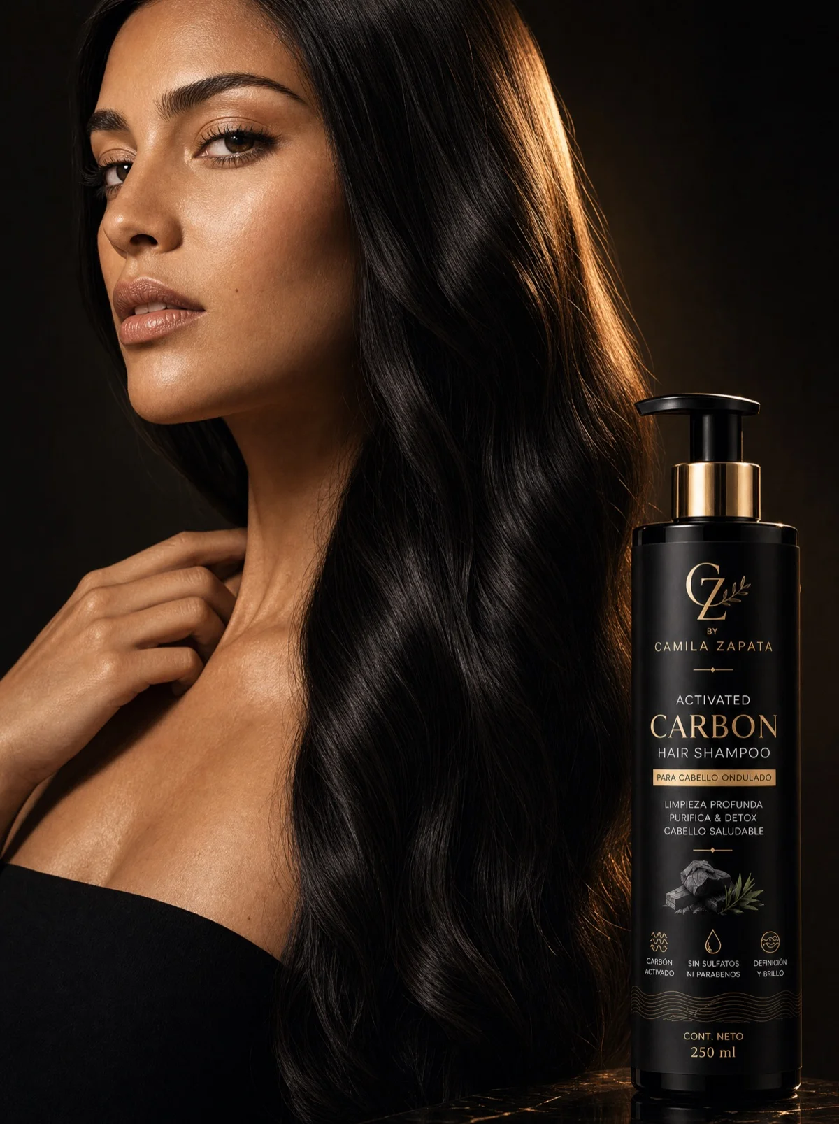 Modelo de cabello oscuro y brillante junto a una presentación Activated Carbon