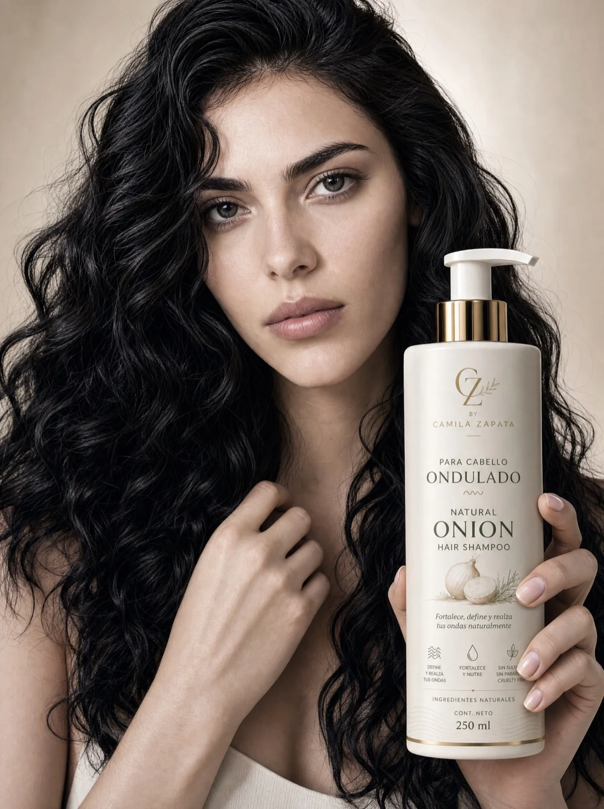 Modelo italiana de piel clara y cabello negro ondulado junto a una presentación Natural Onion